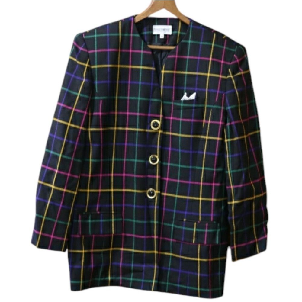 Apostrophe Vintage Window Pane Plaid Colorful Blazer Jacket 14
